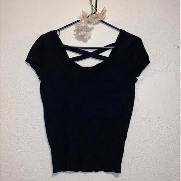 Sweaters - Women’s Sweater Small Black Short Sleeve Top Shirt Cross straps scoop neck